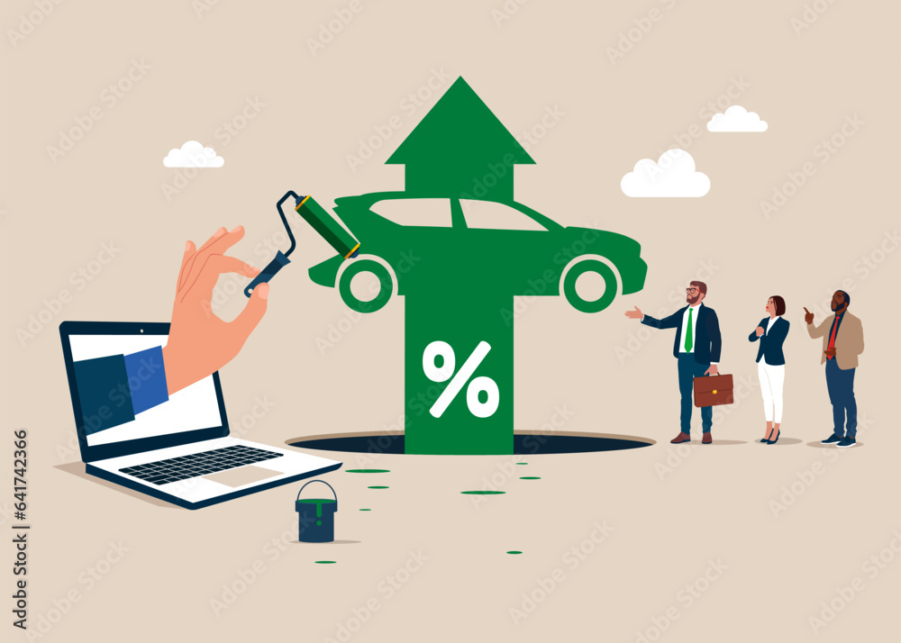 Computer laptop paint a growth electric car. Electric vehicle earning and profit increase in new economy stock market. Vector illustration. - obrazy, fototapety, plakaty 