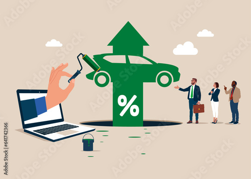 Computer laptop paint a growth electric car. Electric vehicle earning and profit increase in new economy stock market. Vector illustration.