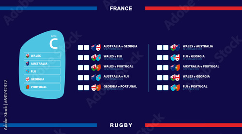 All rugby matches in pool C, flags of participants in international rugby competition in France.