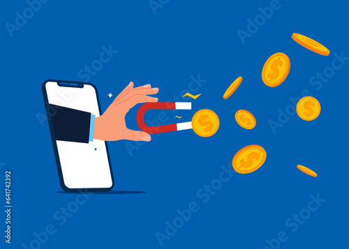 Using magnet to  social media to magnetize dollar coins. Influencer marketing, digital social media for advertising concept.