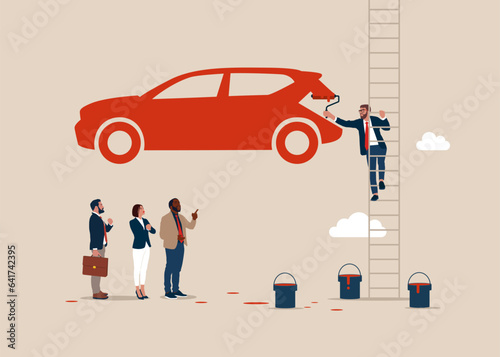  Salesman climb up stepladder to paint a car and sell buyers. Vector illustration.