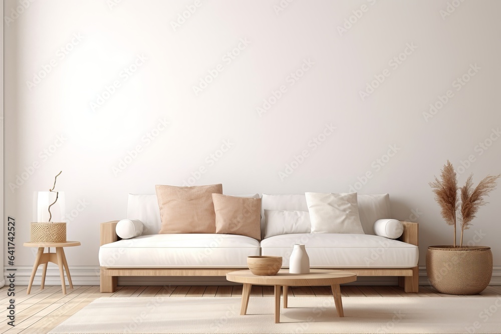 Minimalist modern living room interior background, Scandinavian style, 3D render, Generative AI - obrazy, fototapety, plakaty 