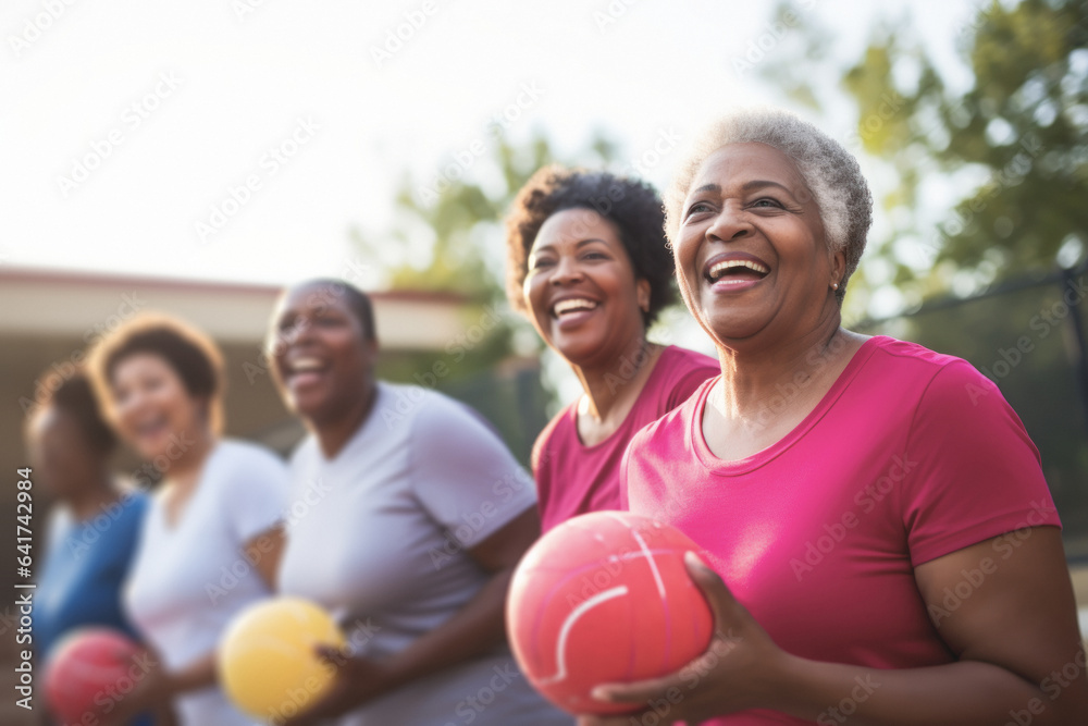 An inclusive team of African American women have fun and enjoy an afternoon engaging in outdoor ball exercises, demonstrating that physical diversity can also lead to a healthy lifestyle.