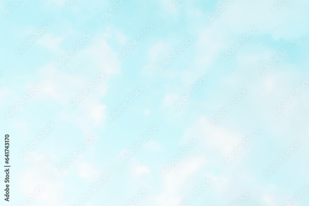 Blue pastel sky with white fluffy cloud. Soft, smooth and blurry cloudscape background. Beautiful morning summer sky. Freedom of life, new life beginning, positive energy and never give up concept.