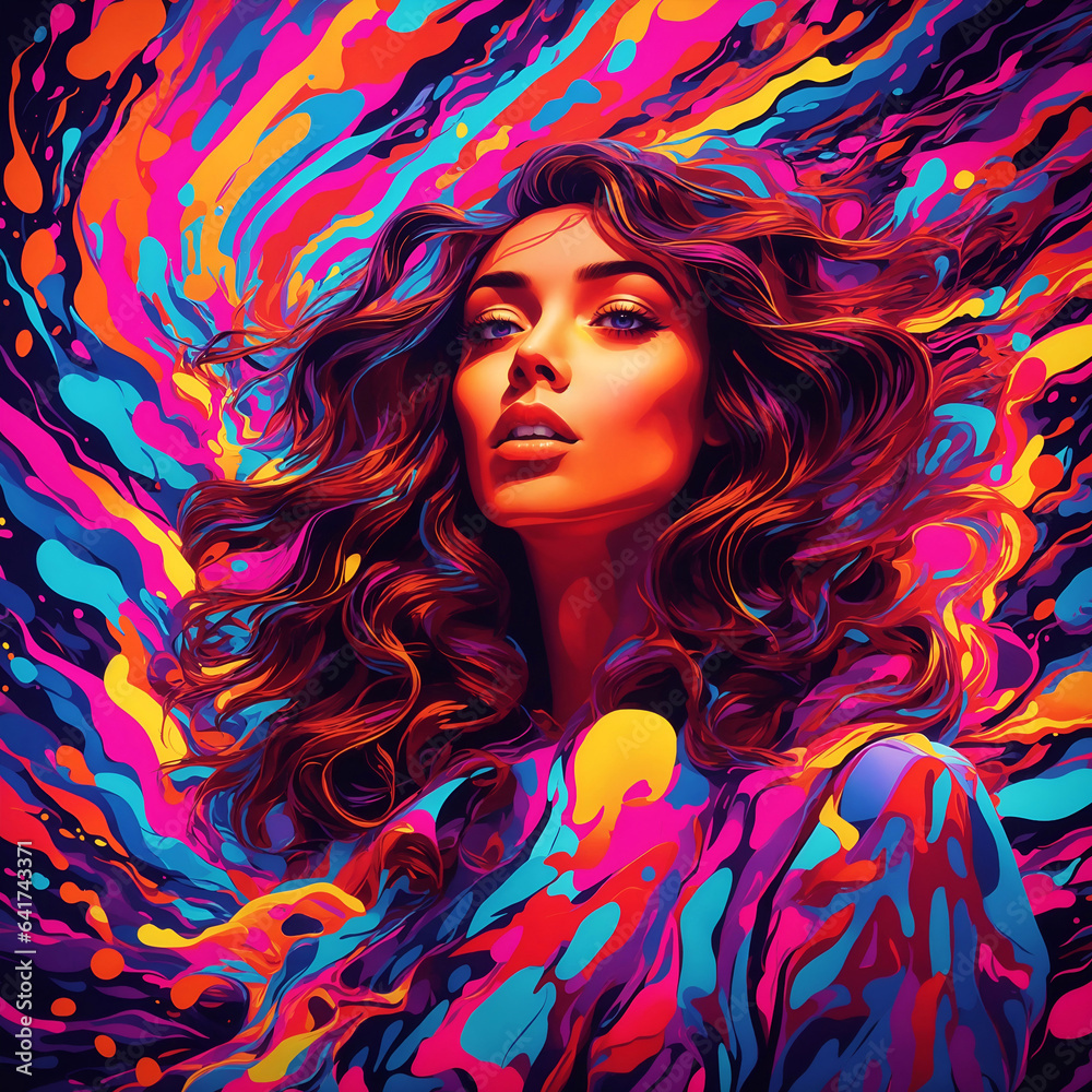 abstract  woman portrait in neon colors,  splash art,