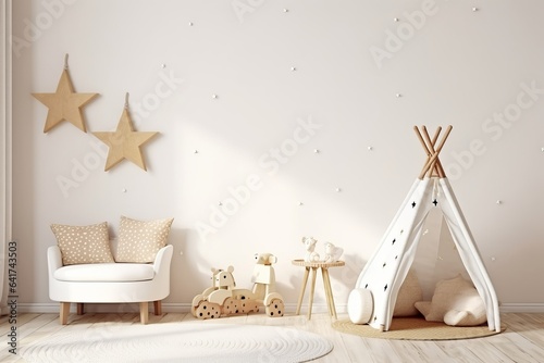 White cozy children room interior background, wall mockup, 3D render, Generative AI