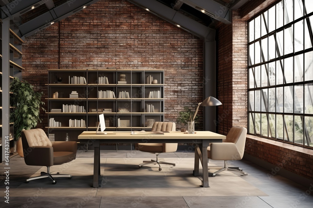 Fototapeta premium Modern office interior in loft, industrial style, 3d render, Generative AI