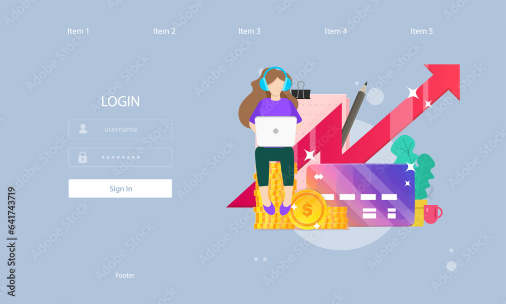 Web Landing Page Login Freelancer Girl Sitting On Stack Of Coins Cup Of Coffee Office Note Pencil Arrow Icon Isolated For Business And E-Commerce Credit Card Investment Vector Design Web Landing Page Login Freelancer Girl Sitting On Stack Of Coins Cup Of Coffee Office Note Pencil Arrow Icon Isolated For Business And E-Commerce Credit Card Investment Vector Design