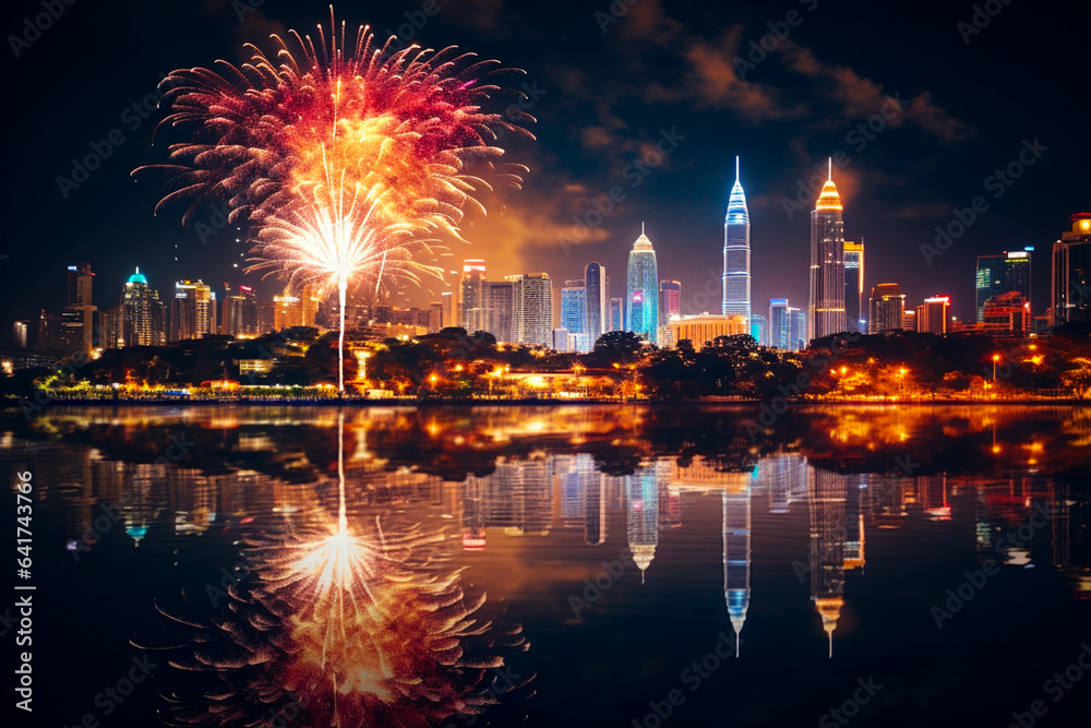 Ai generated image of firework with lake reflection