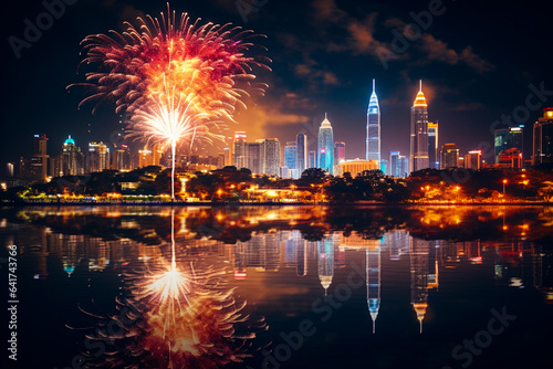 Ai generated image of firework with lake reflection