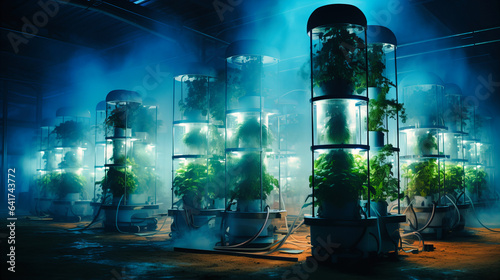 Aeroponic towers spraying nutrient-rich mist, optimizing root growth in a tech-powered farm