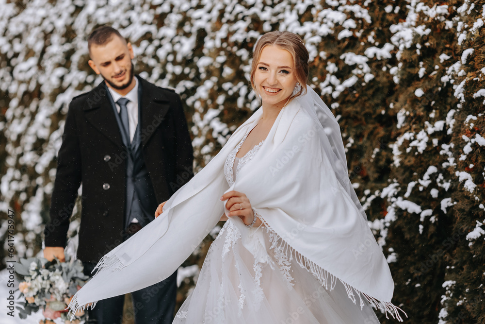 Portrait of happy newlyweds on the background of snow-covered trees. The groom hugs the bride in the winter park. Smiling bride in wedding dress and white poncho. The groom is dressed in a black coat.