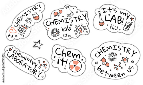 A set of funny stickers on chemistry in the style of doodle with lettering