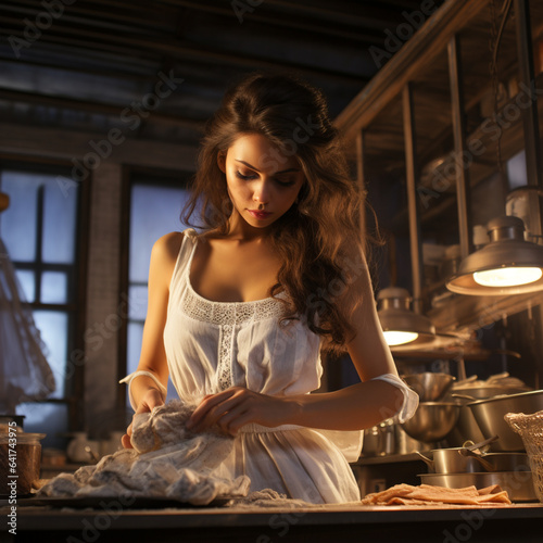Modern young woman preparing dough in kitchen, ai technology