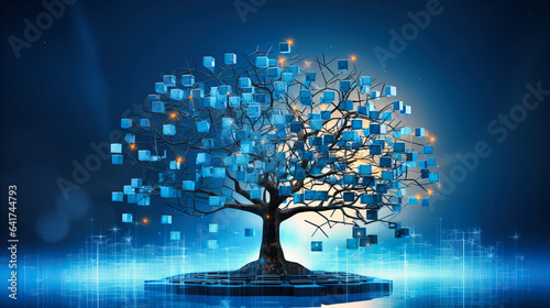 A digital tree with roots formed by currency symbols and branches showcasing diverse financial services photo