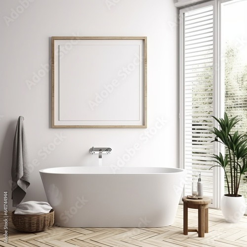 Poster frame mockup in white cozy bathroom interior background, 3d render, Generative AI