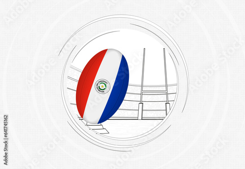 Paraguay flag on rugby ball, lined circle rugby icon with ball in a crowded stadium.