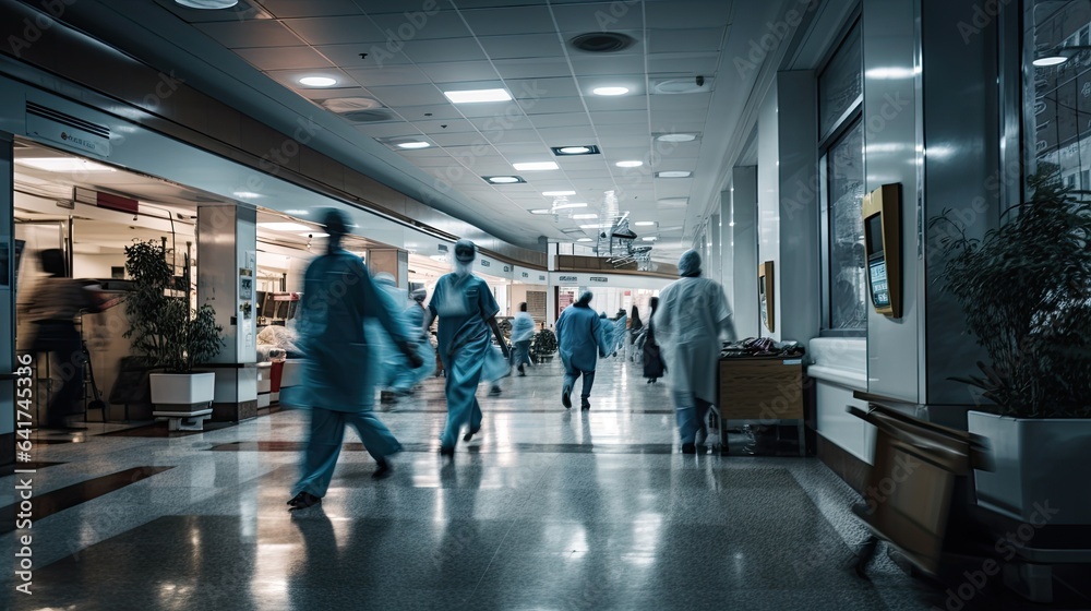 Dynamic shot of medical staff rushing through hospital corridors, epitomizing the urgency and pace of healthcare