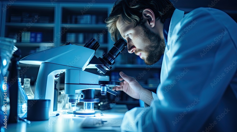Lab technician peering through a microscope, showcasing the blend of technology and human expertise in diagnostics Lab technician peering through a microscope, showcasing the blend of technology and human expertise in diagnostics