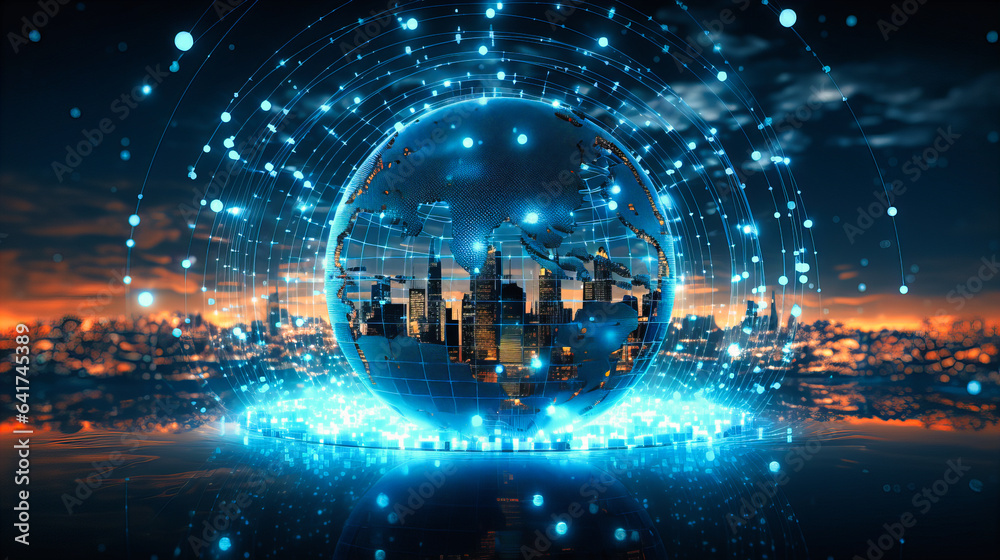 Fototapeta premium A holographic globe with pins indicating global stock markets, emphasizing worldwide financial interconnectivity
