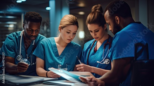 A group of doctors and nurses collaborating over a patient's file, representing teamwork and collective decision-making