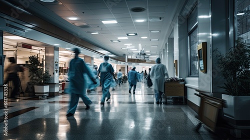 Dynamic shot of medical staff rushing through hospital corridors, epitomizing the urgency and pace of healthcare