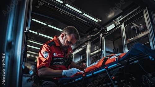 Paramedic staff preparing an ambulance, underscoring the first-response aspect of healthcare photo