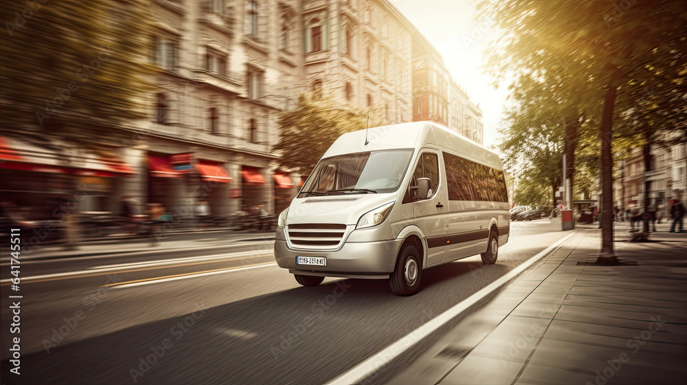A white minibus running on city streets. Moving And Delivery concept. Generative Ai A white minibus running on city streets. Moving And Delivery concept. Generative Ai