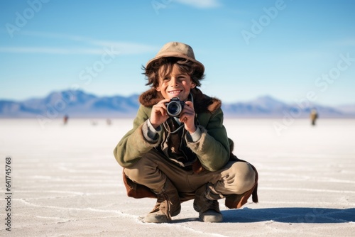 Medium shot portrait photography of a cheerful boy in his 30s making binoculars with hands donning a delicate lace choker at the salar de uyuni in potosi bolivia. With generative AI technology photo