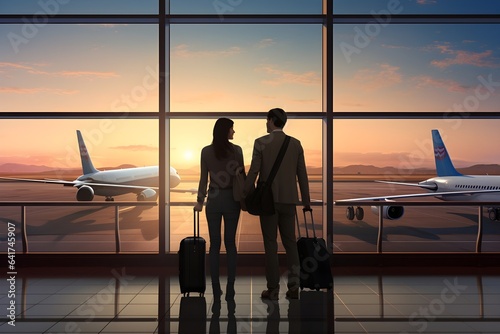 couple standing in front of an airport terminal with luggage