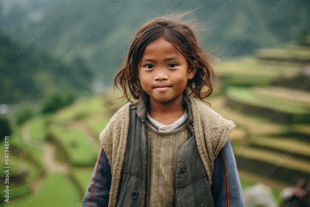 Medium shot portrait photography of a cheerful girl in her 30s frowning dressed in a thermal insulation vest at the banaue rice terraces in ifugao philippines. With generative AI technology Medium shot portrait photography of a cheerful girl in her 30s frowning dressed in a thermal insulation vest at the banaue rice terraces in ifugao philippines. With generative AI technology