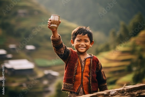 Close-up portrait photography of a joyful kid male raising a glass in toast donning a sparkling tiara at the banaue rice terraces in ifugao philippines. With generative AI technology photo