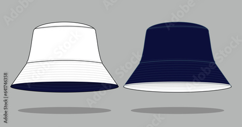 Reversible Bucket Hat with White and Navy Blue Design on Gray Background, Vector file