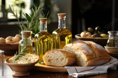 Olive oil and bread on a table in the kitchen. Food background. 