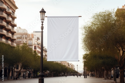 A mockup of a blank white polyester banner hanging from the top of a lamppos. Generative AI. photo