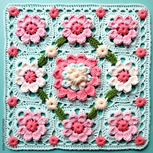 Floral Pattern of Granny squares. Blue Purple crochet flowers. Top View Colorful illustration © Oksa Art