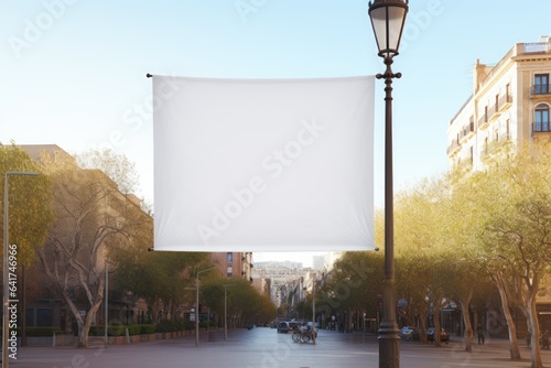 A mockup of a blank white polyester banner hanging from the top of a lamppos. Generative AI. photo