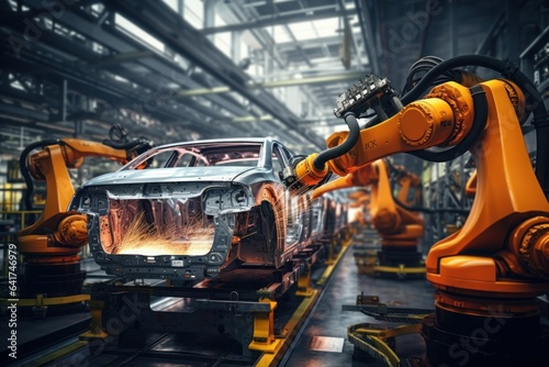 A robotic arm joins automobile components on a production line in a factory. Generative AI.