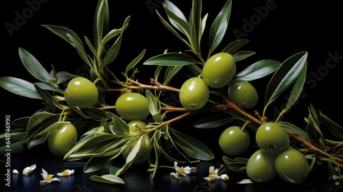 Olive branch with green olives on black background. Studio shot. 