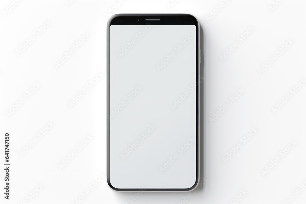 Mobile Phone isolated mockup with white screen isolated on white background. Generative AI. Mobile Phone isolated mockup with white screen isolated on white background. Generative AI.