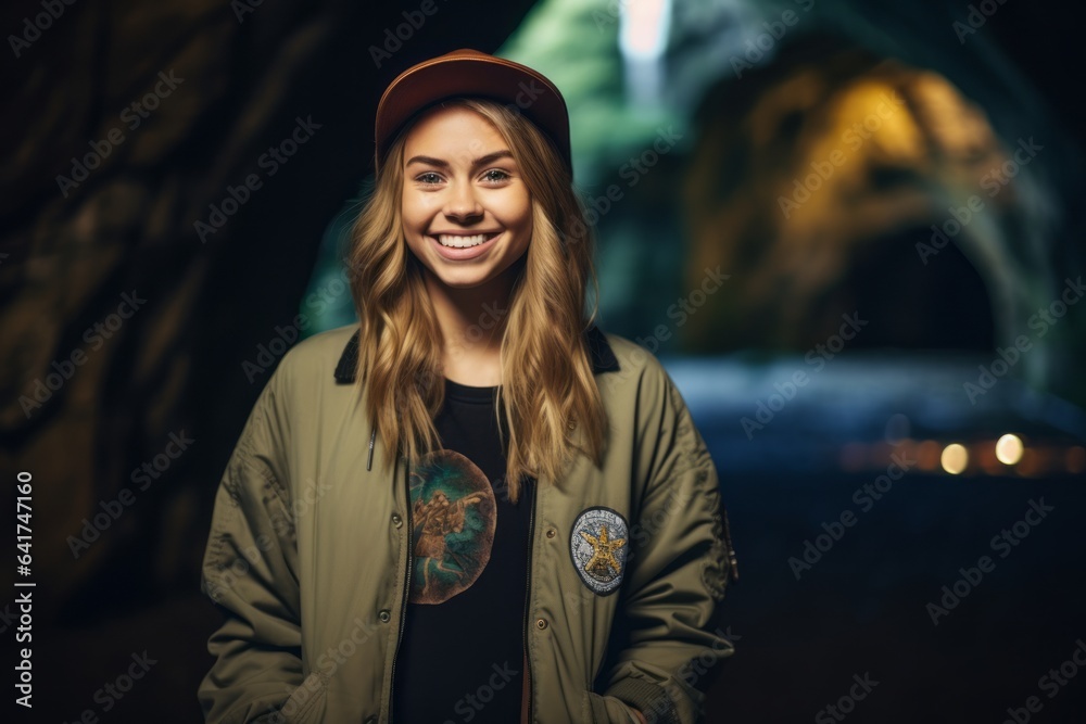 Fototapeta premium Environmental portrait photography of a grinning kid female smirking sporting a stylish varsity jacket at the waitomo glowworm caves in waikato new zealand. With generative AI technology