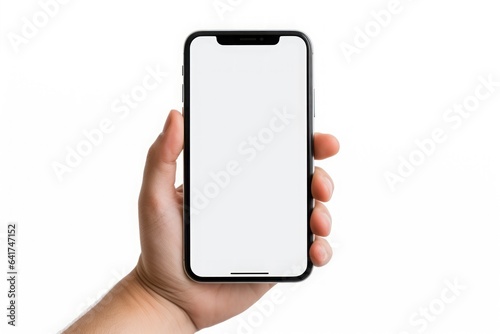 Realistic hand holding phone white background. Generative AI.