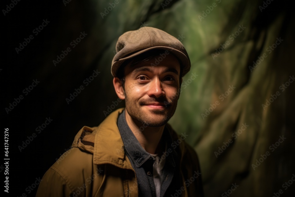 Headshot portrait photography of a blissful boy in his 30s clenching fists wearing a stylish beret at the waitomo glowworm caves in waikato new zealand. With generative AI technology