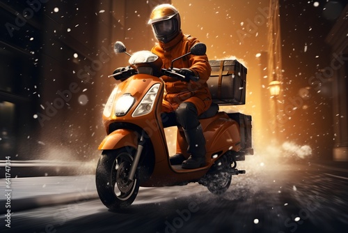 a delivery man riding on a motorcycle in the snow