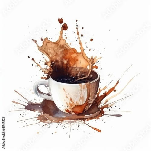 Coffee splash with cup on white background in watercolor style. AI generated