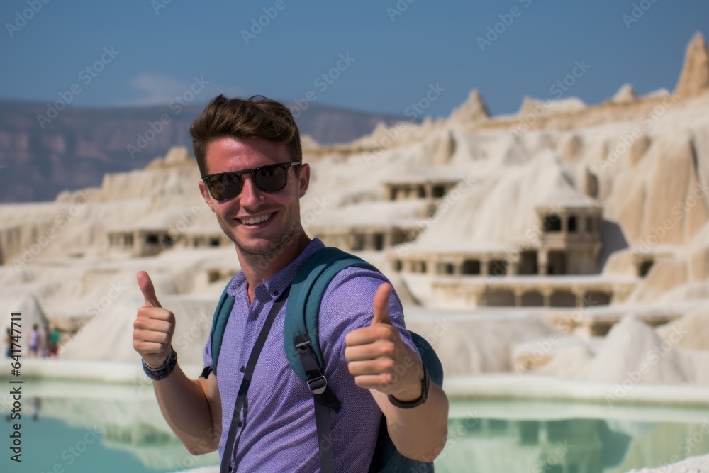 Close-up portrait photography of a satisfied boy in his 30s making a stop sign with hand donning a stunning statement necklace at the pamukkale in denizli turkey. With generative AI technology