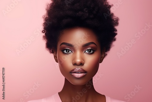 Beautiful african american woman with makeup on pink background.Generative Ai