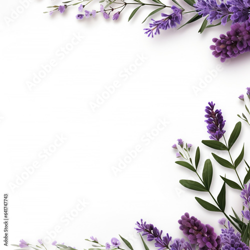 Lavender flowers and leaves border on white background