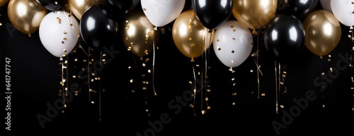 Birthday. Black Friday sale. Background with black and gold white balloons. Holiday banner, web poster, flyer, cover card, Festive celebrate backdrop balloons