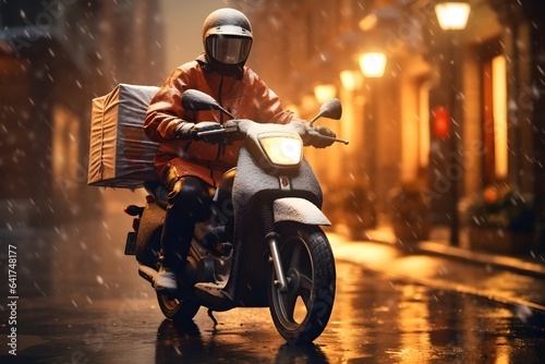 a delivery man riding on a motorcycle in the snow